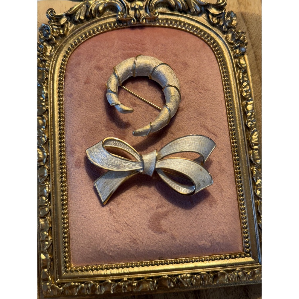 Vintage Whitewashed Brooch Bundle Crescent Shaped Horn Golden Line Silver Ribbon